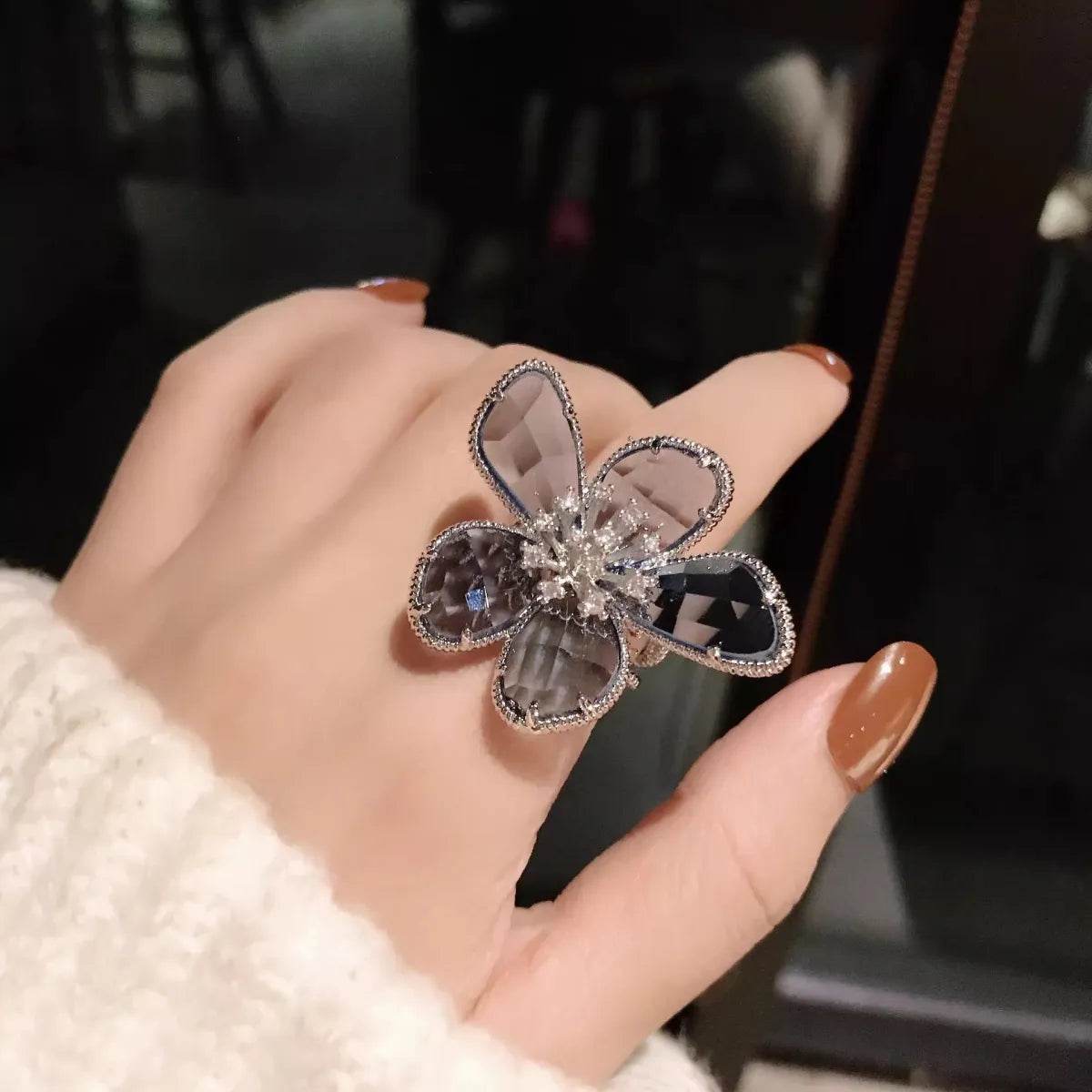 Crystal Flower Adjustable Ring for Women