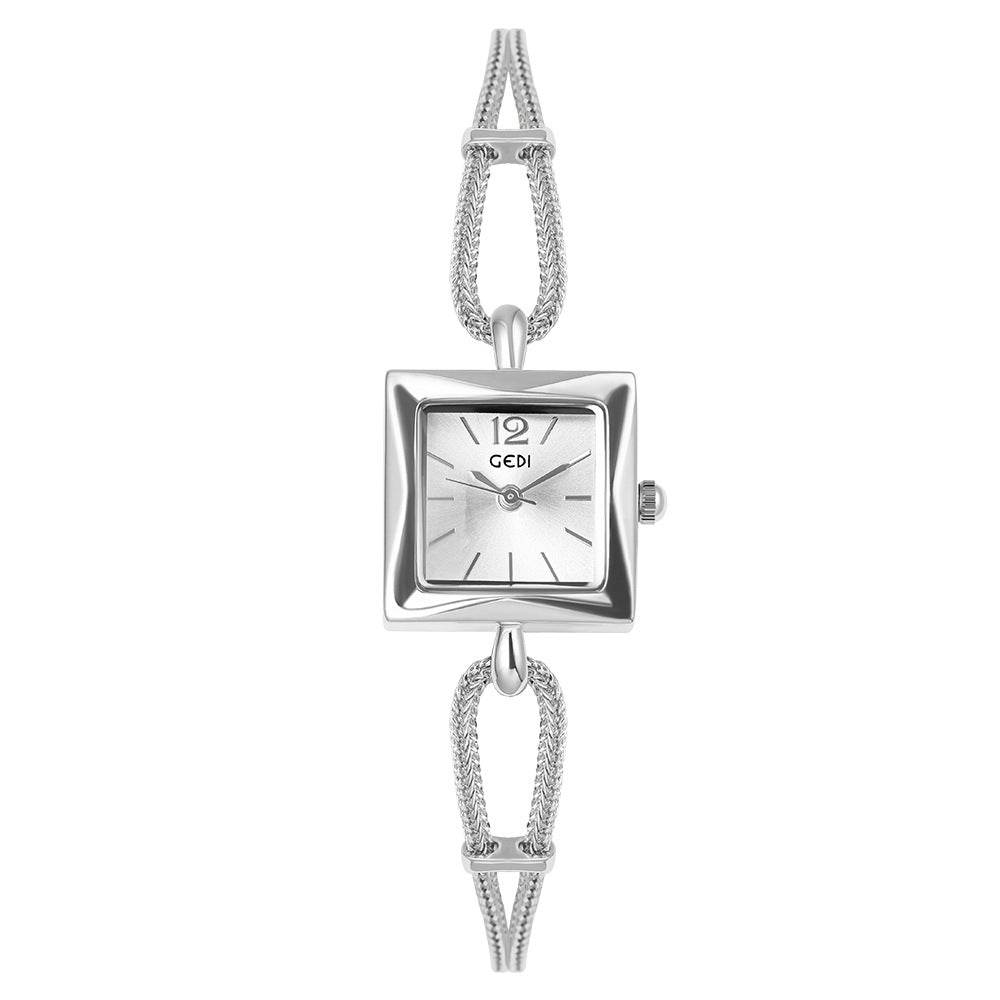 Silver watch with a decorative chain on a white background