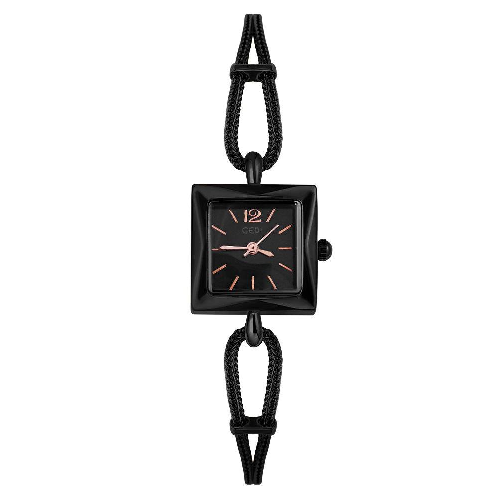 Black square watch with rope-like strap on a white background