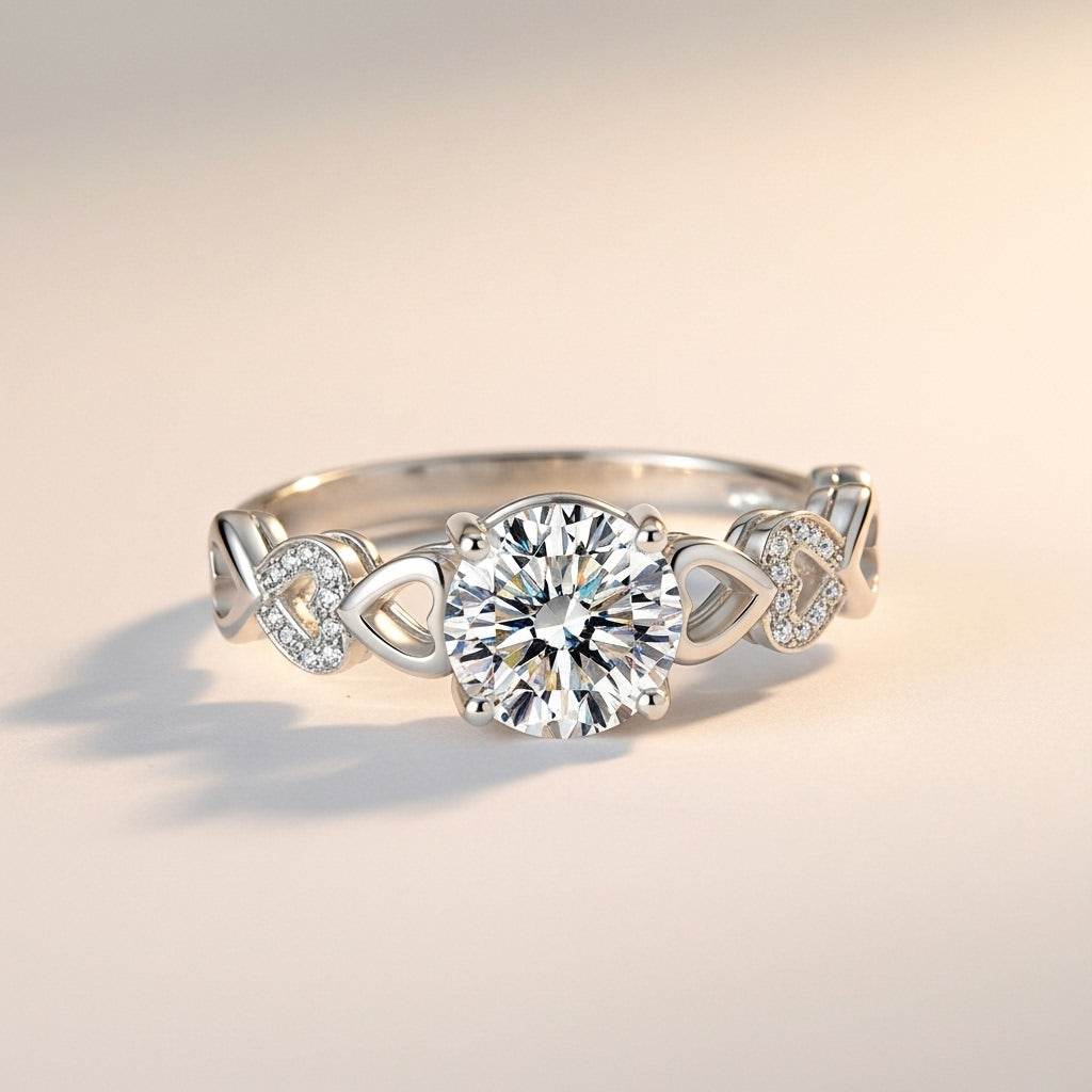 Silver ring with a large diamond on a light background