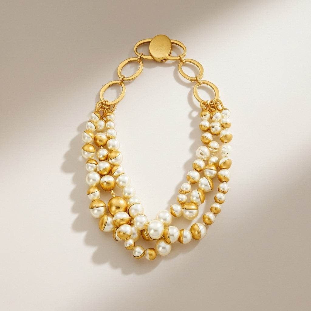 Gold and pearl bracelet on a beige background