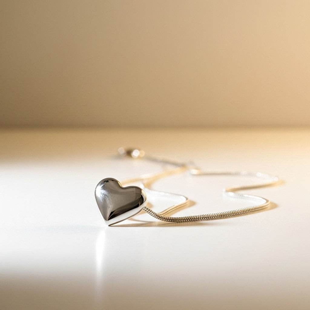 Heart-shaped pendant on a chain against a neutral background