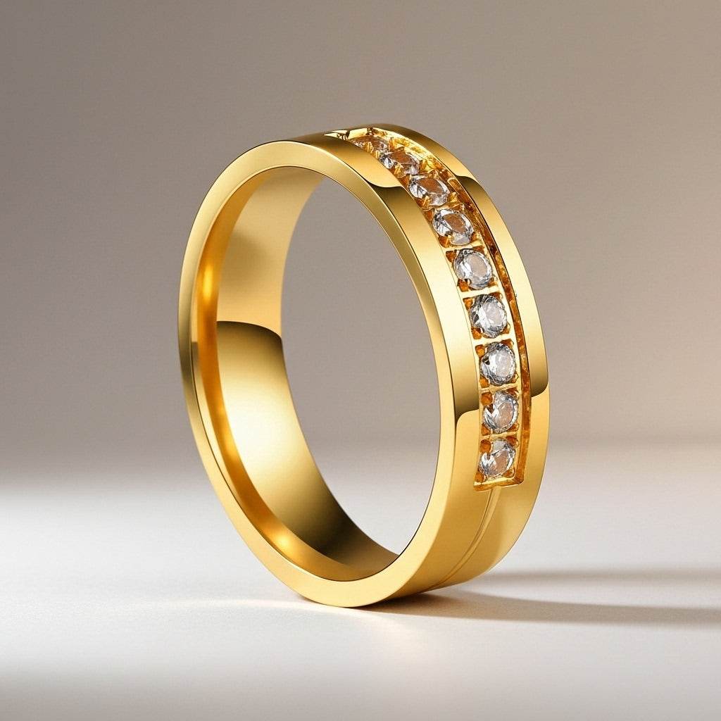 Gold ring with embedded diamonds on a gradient background