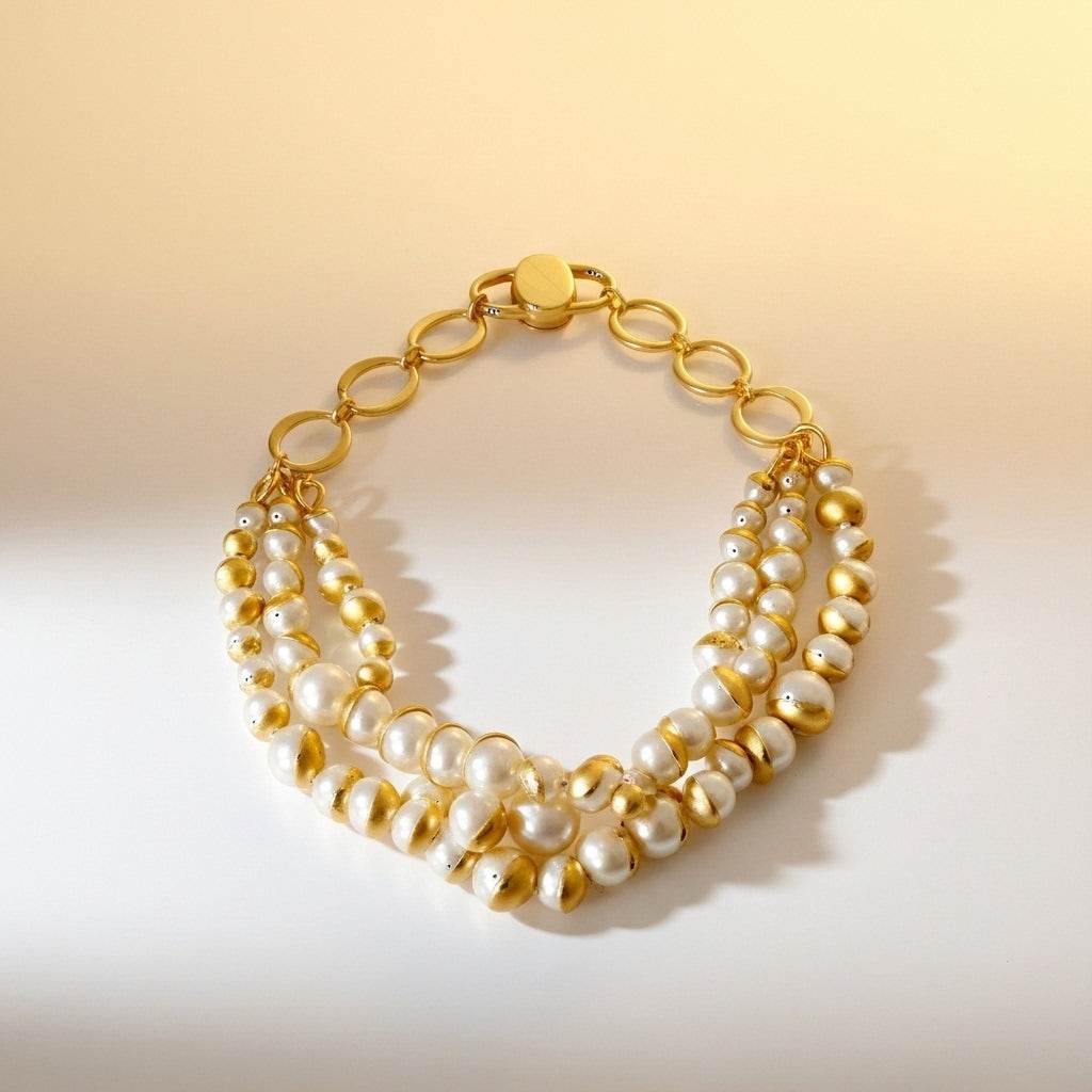 Gold and pearl bracelet on a gradient background