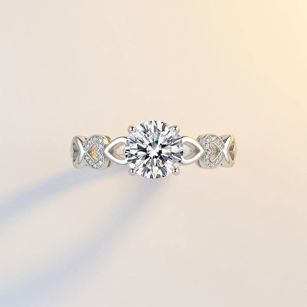 Diamond ring with intricate band design on a soft beige background